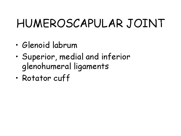 HUMEROSCAPULAR JOINT • Glenoid labrum • Superior, medial and inferior glenohumeral ligaments • Rotator