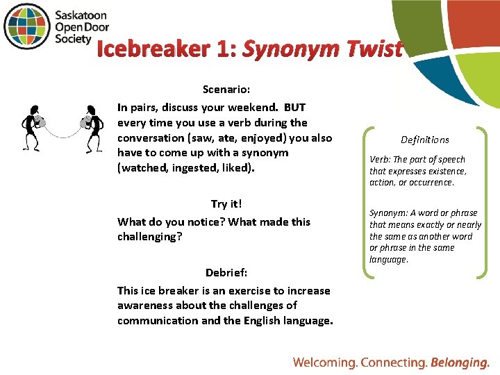 Icebreaker 1: Synonym Twist Scenario: In pairs, discuss your weekend. BUT every time you