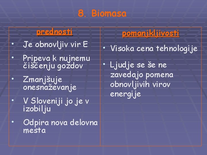 8. Biomasa prednosti • Je obnovljiv vir E • Pripeva k nujnemu čiščenju gozdov