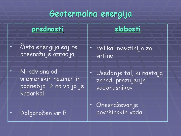 Geotermalna energija prednosti slabosti • Čista energija saj ne onesnažuje ozračja • Ni odvisna