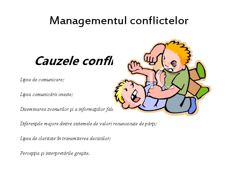 Managementul conflictelor Cauzele conflictului: Lipsa de comunicare; Lipsa comunicării oneste; Diseminarea zvonurilor şi a