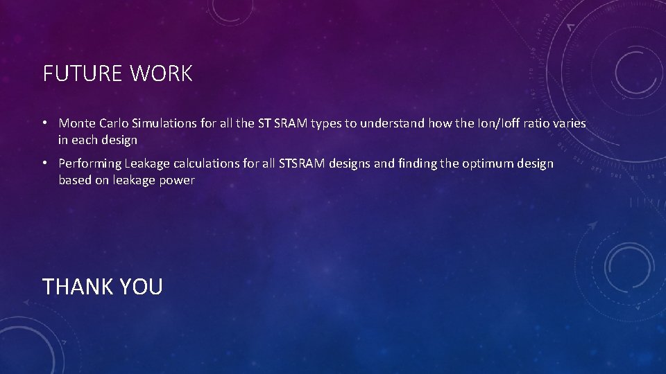 FUTURE WORK • Monte Carlo Simulations for all the ST SRAM types to understand