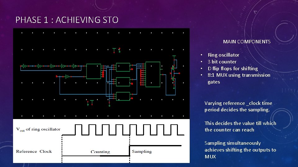 PHASE 1 : ACHIEVING STO MAIN COMPONENTS • • Ring oscillator 3 bit counter