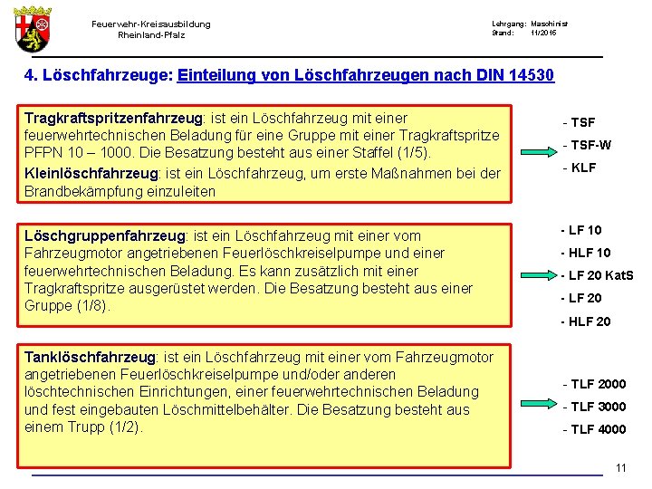 Feuerwehr-Kreisausbildung Rheinland-Pfalz Lehrgang: Maschinist Stand: 11/2015 4. Löschfahrzeuge: Einteilung von Löschfahrzeugen nach DIN 14530
