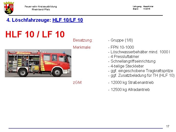 Feuerwehr-Kreisausbildung Rheinland-Pfalz Lehrgang: Maschinist Stand: 11/2015 4. Löschfahrzeuge: HLF 10/LF 10 HLF 10 /