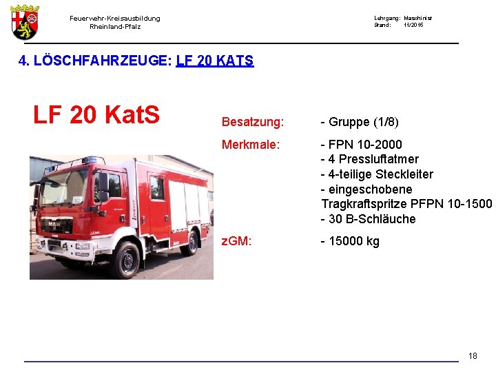 Feuerwehr-Kreisausbildung Rheinland-Pfalz Lehrgang: Maschinist Stand: 11/2015 4. LÖSCHFAHRZEUGE: LF 20 KATS LF 20 Kat.