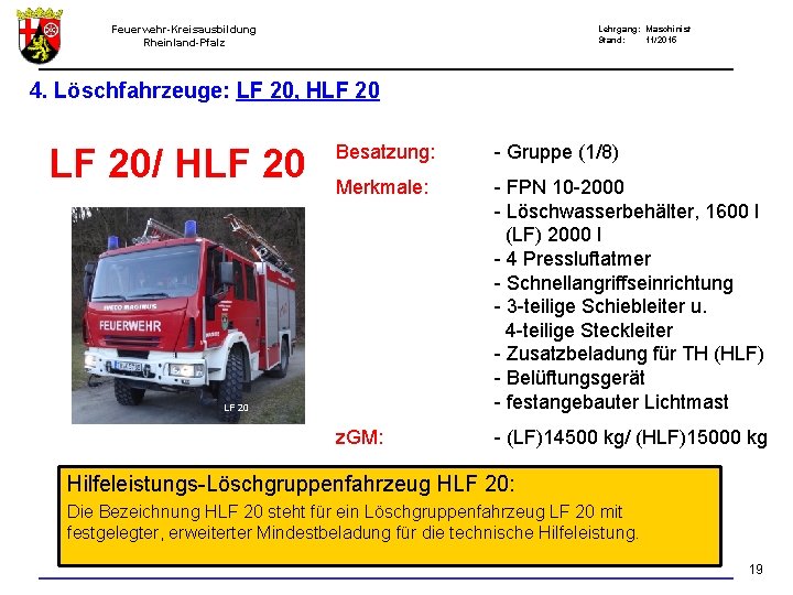 Feuerwehr-Kreisausbildung Rheinland-Pfalz Lehrgang: Maschinist Stand: 11/2015 4. Löschfahrzeuge: LF 20, HLF 20/ HLF 20