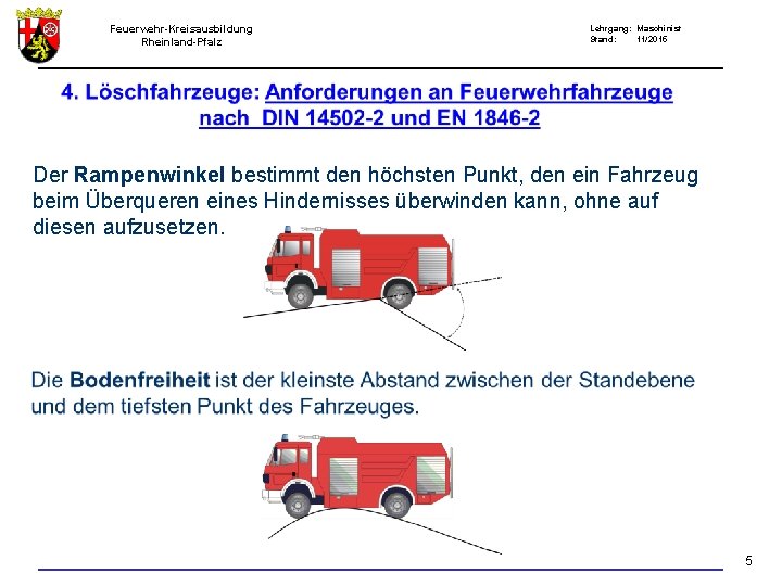 Feuerwehr-Kreisausbildung Rheinland-Pfalz Lehrgang: Maschinist Stand: 11/2015 Der Rampenwinkel bestimmt den höchsten Punkt, den ein