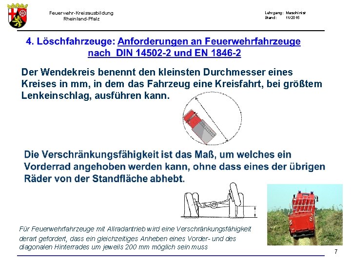 Feuerwehr-Kreisausbildung Rheinland-Pfalz Lehrgang: Maschinist Stand: 11/2015 Der Wendekreis benennt den kleinsten Durchmesser eines Kreises