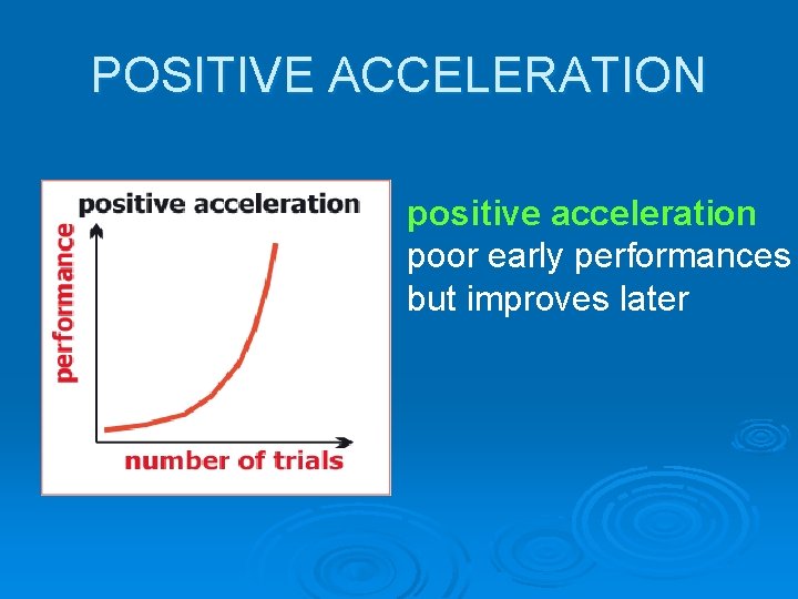 POSITIVE ACCELERATION positive acceleration poor early performances but improves later 