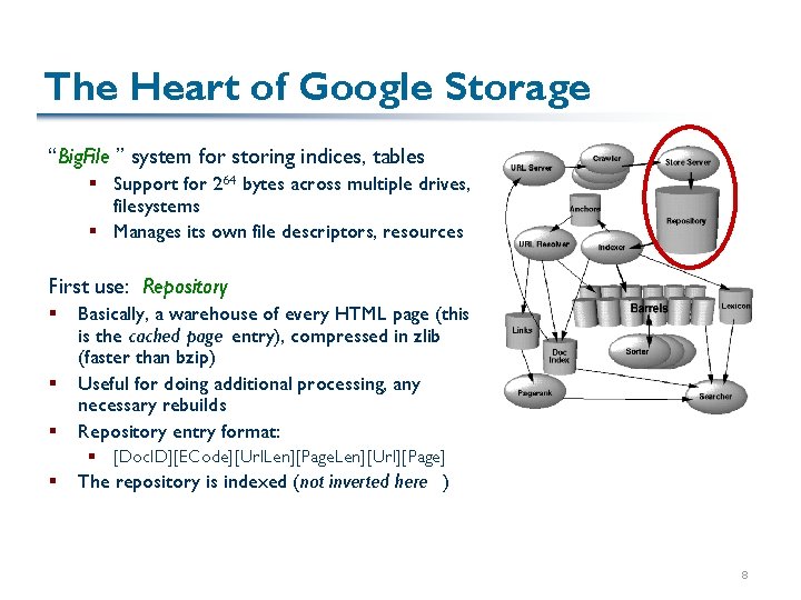 The Heart of Google Storage “Big. File ” system for storing indices, tables §