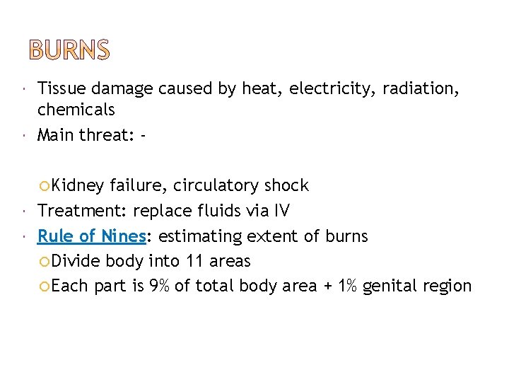  Tissue damage caused by heat, electricity, radiation, chemicals Main threat: Kidney failure, circulatory