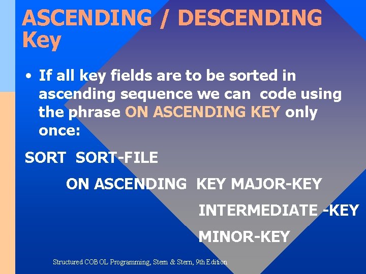 ASCENDING / DESCENDING Key • If all key fields are to be sorted in