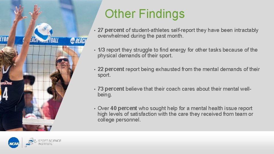 Other Findings • 27 percent of student-athletes self-report they have been intractably overwhelmed during