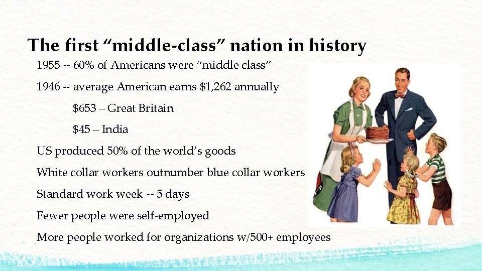 The first “middle-class” nation in history 1955 -- 60% of Americans were “middle class”