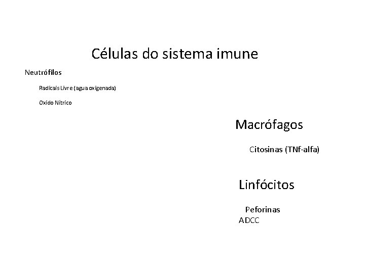 Células do sistema imune Neutrófilos Radicais Livre (agua oxigenada) Oxido Nítrico Macrófagos Citosinas (TNf-alfa)