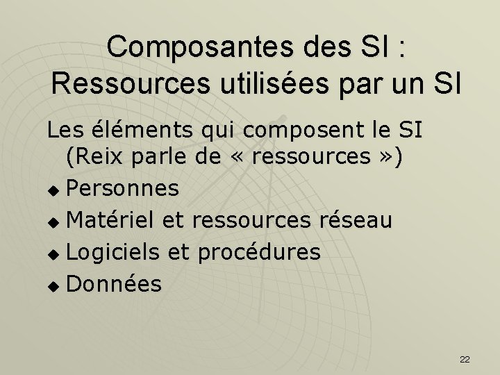 Composantes des SI : Ressources utilisées par un SI Les éléments qui composent le