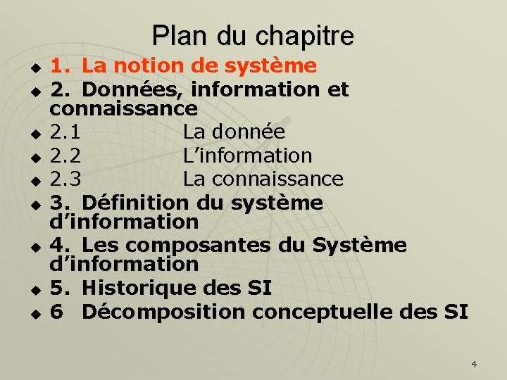 Plan du chapitre u u u u u 1. La notion de système 2.