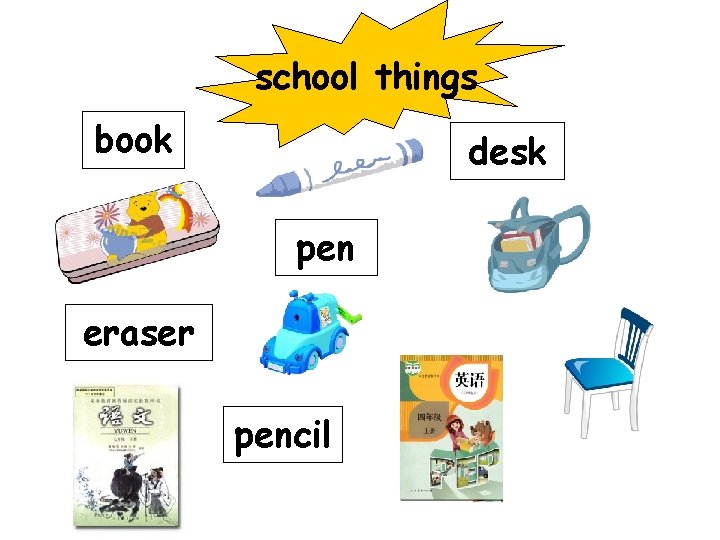 school things book desk pen eraser pencil 