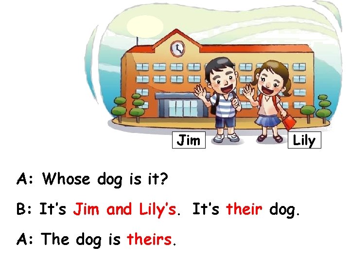 Jim Lily A: Whose dog is it? B: It’s Jim and Lily’s. It’s their