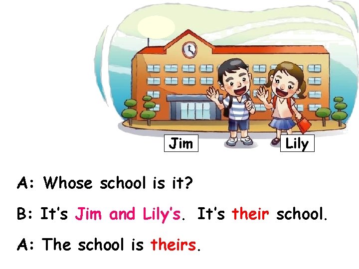 Jim Lily A: Whose school is it? B: It’s Jim and Lily’s. It’s their