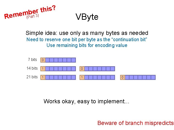 Rem ? s i h t r embe ) (Part 3 VByte Simple idea: