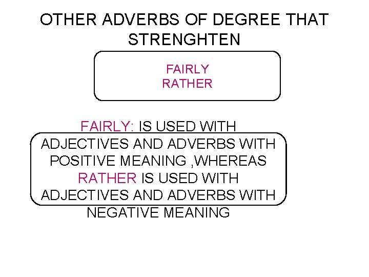 OTHER ADVERBS OF DEGREE THAT STRENGHTEN FAIRLY RATHER FAIRLY: IS USED WITH ADJECTIVES AND