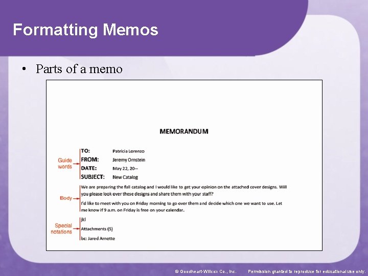 Formatting Memos • Parts of a memo © Goodheart-Willcox Co. , Inc. Permission granted
