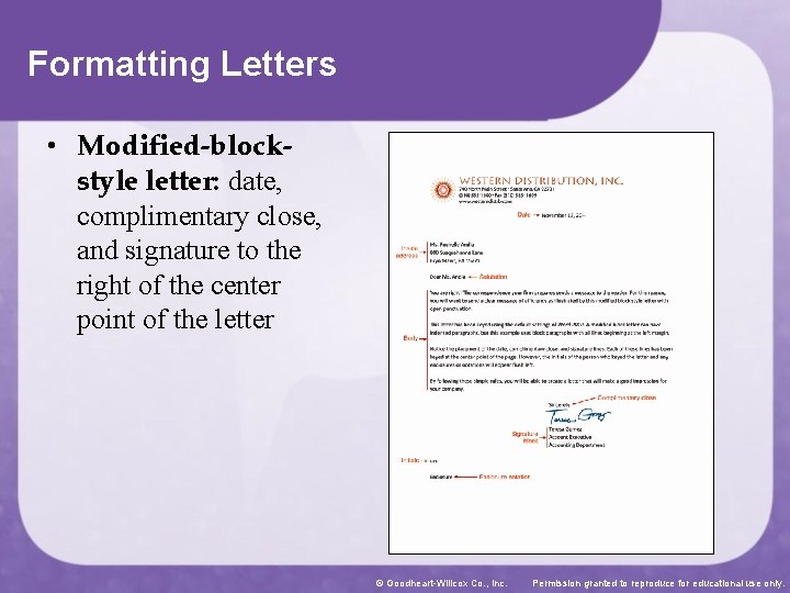 Formatting Letters • Modified-blockstyle letter: date, complimentary close, and signature to the right of