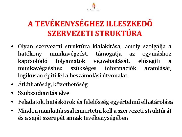 A TEVÉKENYSÉGHEZ ILLESZKEDŐ SZERVEZETI STRUKTÚRA • Olyan szervezeti struktúra kialakítása, amely szolgálja a hatékony A TEVÉKENYSÉGHEZ ILLESZKEDŐ SZERVEZETI STRUKTÚRA • Olyan szervezeti struktúra kialakítása, amely szolgálja a hatékony