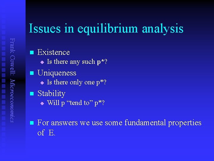 Issues in equilibrium analysis Frank Cowell: Microeconomics n Existence u n Uniqueness u n