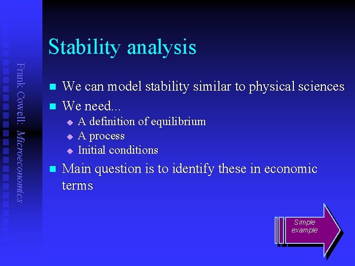 Stability analysis Frank Cowell: Microeconomics n n We can model stability similar to physical