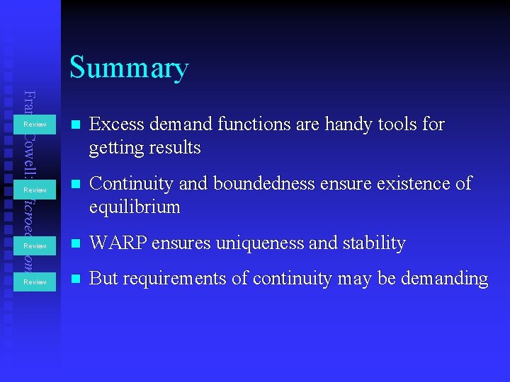 Summary Frank Cowell: Microeconomics n Excess demand functions are handy tools for getting results