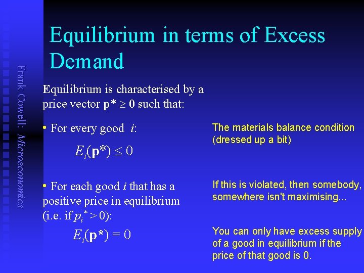 Frank Cowell: Microeconomics Equilibrium in terms of Excess Demand Equilibrium is characterised by a