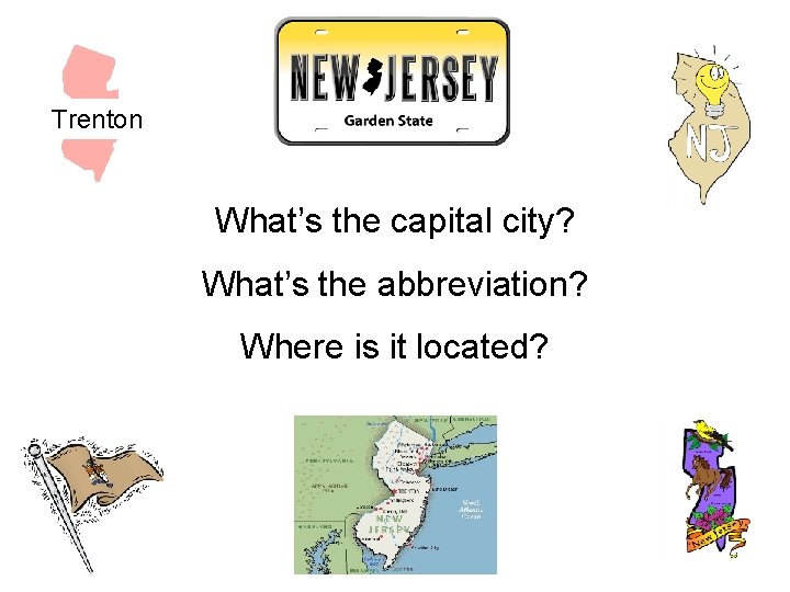 Trenton What’s the capital city? What’s the abbreviation? Where is it located? 