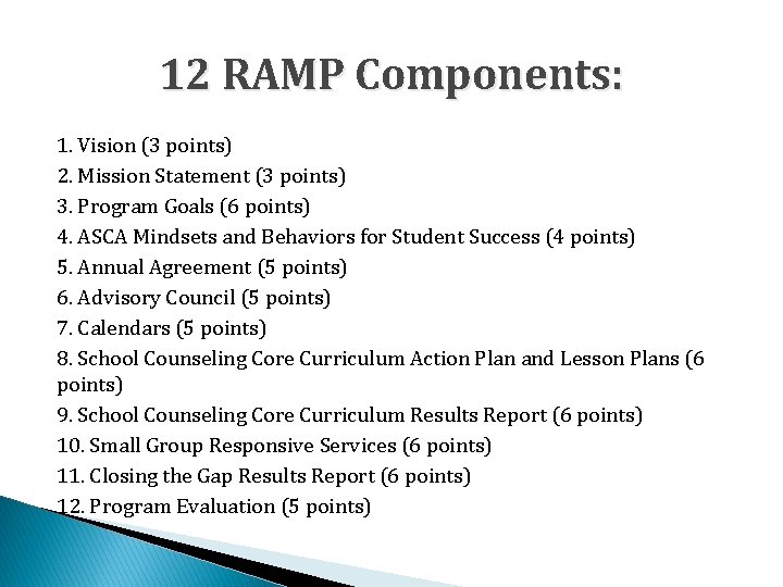 12 RAMP Components: 1. Vision (3 points) 2. Mission Statement (3 points) 3. Program