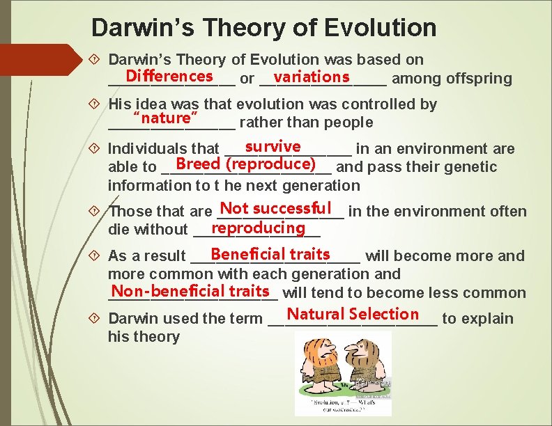 Darwin’s Theory of Evolution was based on Differences variations ________ or ________ among offspring