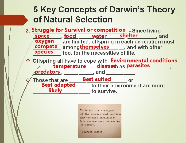 5 Key Concepts of Darwin’s Theory of Natural Selection for Survival or competition -