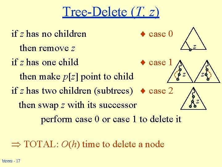 Tree-Delete (T, z) if z has no children case 0 then remove z if