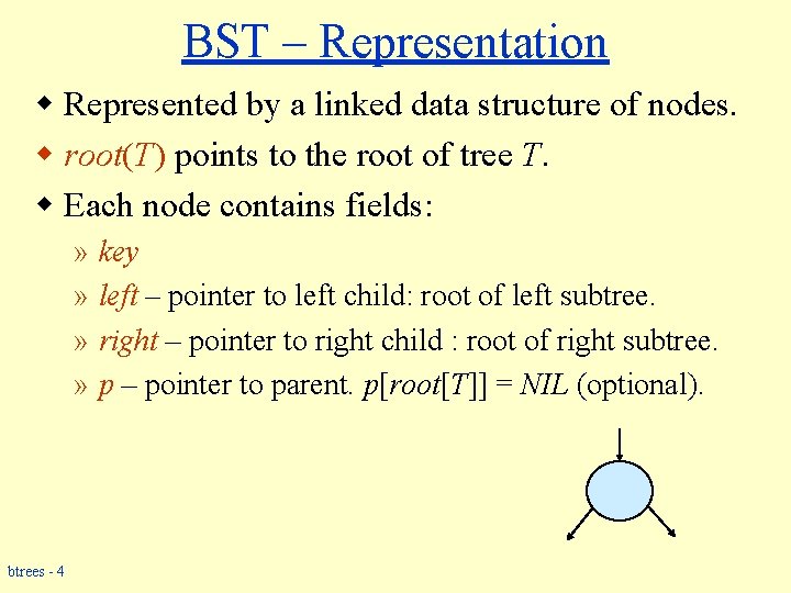 BST – Representation w Represented by a linked data structure of nodes. w root(T)