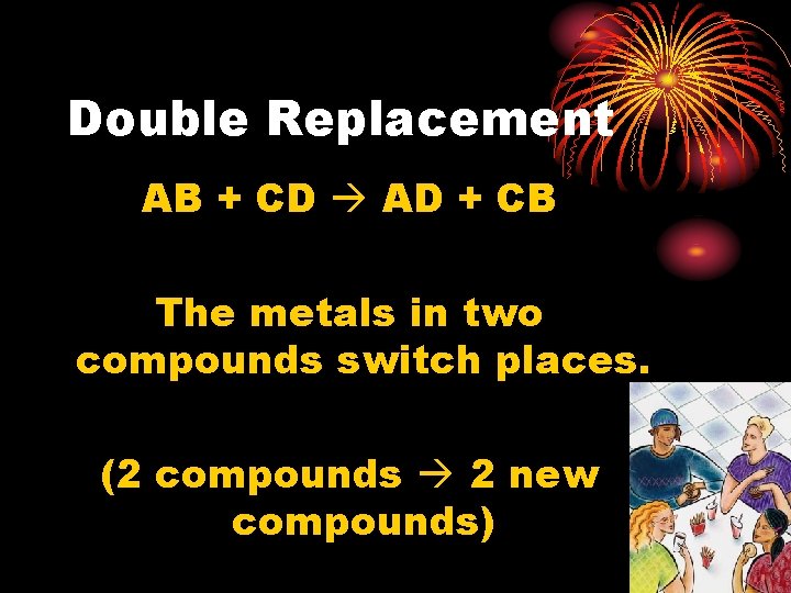 Double Replacement AB + CD AD + CB The metals in two compounds switch