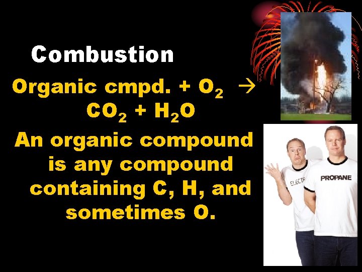Combustion Organic cmpd. + O 2 CO 2 + H 2 O An organic