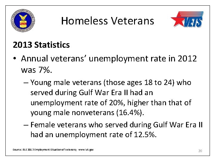 Homeless Veterans 2013 Statistics • Annual veterans’ unemployment rate in 2012 was 7%. –