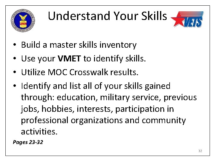 Understand Your Skills • • Build a master skills inventory Use your VMET to