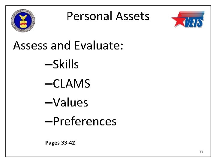 Personal Assets Assess and Evaluate: –Skills –CLAMS –Values –Preferences Pages 33 -42 33 