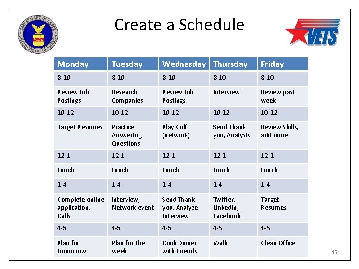 Create a Schedule Monday Tuesday Wednesday Thursday Friday 8 -10 8 -10 Review Job