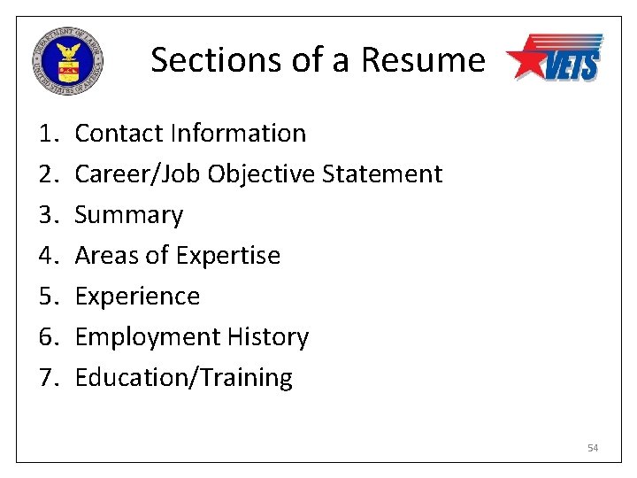 Sections of a Resume 1. 2. 3. 4. 5. 6. 7. Contact Information Career/Job