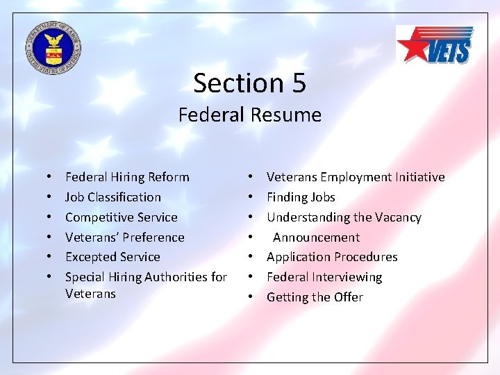 Section 5 Federal Resume • • • Federal Hiring Reform Job Classification Competitive Service