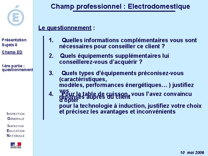 Champ professionnel : Electrodomestique Le questionnement : Présentation Sujets 0 Champ ED 1ère partie