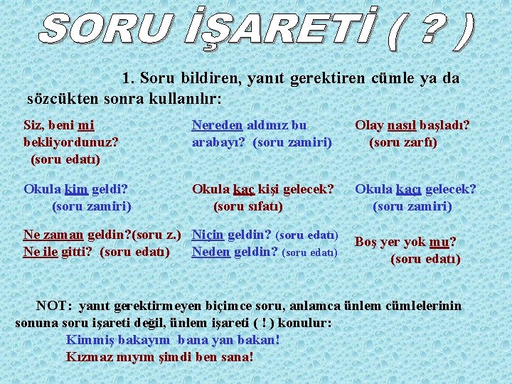 1. Soru bildiren, yanıt gerektiren cümle ya da sözcükten sonra kullanılır: Siz, beni mi